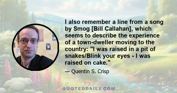 I also remember a line from a song by Smog [Bill Callahan], which seems to describe the experience of a town-dweller moving to the country: I was raised in a pit of snakes/Blink your eyes - I was raised on cake.