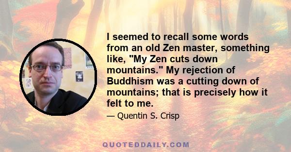 I seemed to recall some words from an old Zen master, something like, My Zen cuts down mountains. My rejection of Buddhism was a cutting down of mountains; that is precisely how it felt to me.