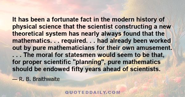 It has been a fortunate fact in the modern history of physical science that the scientist constructing a new theoretical system has nearly always found that the mathematics. . . required. . . had already been worked out 