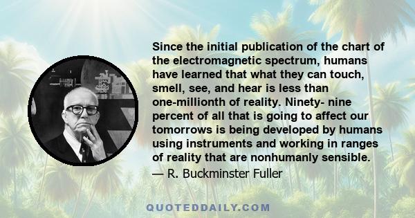 Since the initial publication of the chart of the electromagnetic spectrum, humans have learned that what they can touch, smell, see, and hear is less than one-millionth of reality. Ninety- nine percent of all that is