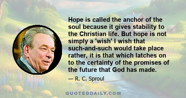 Hope is called the anchor of the soul because it gives stability to the Christian life. But hope is not simply a 'wish' I wish that such-and-such would take place rather, it is that which latches on to the certainty of