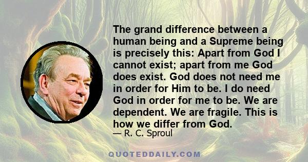 The grand difference between a human being and a Supreme being is precisely this: Apart from God I cannot exist; apart from me God does exist. God does not need me in order for Him to be. I do need God in order for me