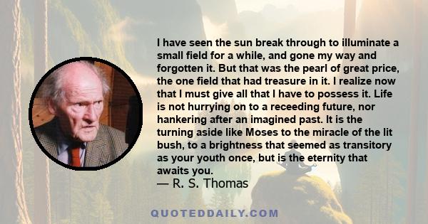 I have seen the sun break through to illuminate a small field for a while, and gone my way and forgotten it. But that was the pearl of great price, the one field that had treasure in it. I realize now that I must give