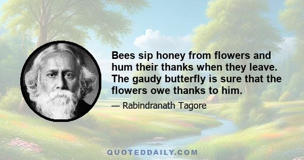 Bees sip honey from flowers and hum their thanks when they leave. The gaudy butterfly is sure that the flowers owe thanks to him.