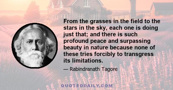 From the grasses in the field to the stars in the sky, each one is doing just that; and there is such profound peace and surpassing beauty in nature because none of these tries forcibly to transgress its limitations.