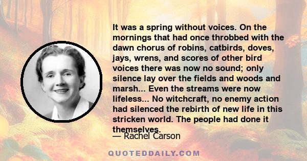 It was a spring without voices. On the mornings that had once throbbed with the dawn chorus of robins, catbirds, doves, jays, wrens, and scores of other bird voices there was now no sound; only silence lay over the