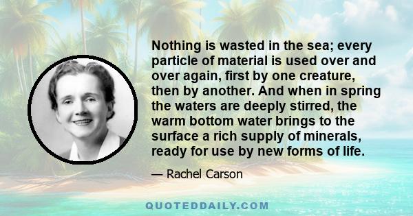 Nothing is wasted in the sea; every particle of material is used over and over again, first by one creature, then by another. And when in spring the waters are deeply stirred, the warm bottom water brings to the surface 