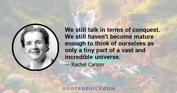 We still talk in terms of conquest. We still haven't become mature enough to think of ourselves as only a tiny part of a vast and incredible universe. Man's attitude toward nature is today critically important simply