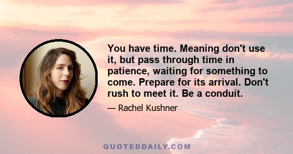 You have time. Meaning don't use it, but pass through time in patience, waiting for something to come. Prepare for its arrival. Don't rush to meet it. Be a conduit.