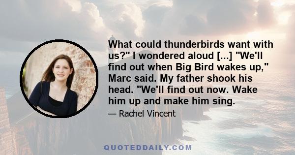 What could thunderbirds want with us? I wondered aloud [...] We'll find out when Big Bird wakes up, Marc said. My father shook his head. We'll find out now. Wake him up and make him sing.