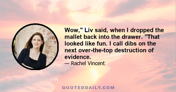 Wow, Liv said, when I dropped the mallet back into the drawer. That looked like fun. I call dibs on the next over-the-top destruction of evidence.