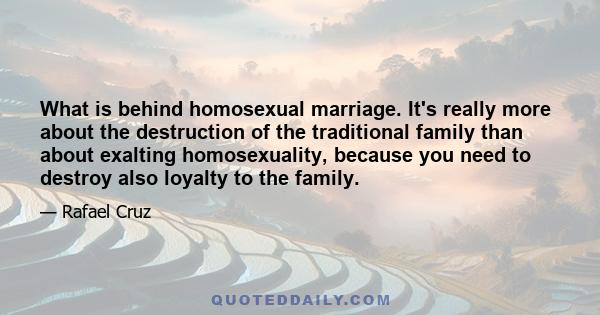 What is behind homosexual marriage. It's really more about the destruction of the traditional family than about exalting homosexuality, because you need to destroy also loyalty to the family.