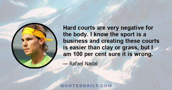 Hard courts are very negative for the body. I know the sport is a business and creating these courts is easier than clay or grass, but I am 100 per cent sure it is wrong.