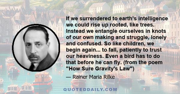 If we surrendered to earth’s intelligence we could rise up rooted, like trees. Instead we entangle ourselves in knots of our own making and struggle, lonely and confused. So like children, we begin again... to fall,