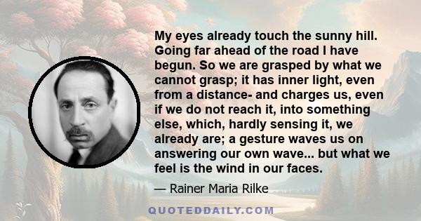 My eyes already touch the sunny hill. Going far ahead of the road I have begun. So we are grasped by what we cannot grasp; it has inner light, even from a distance- and charges us, even if we do not reach it, into