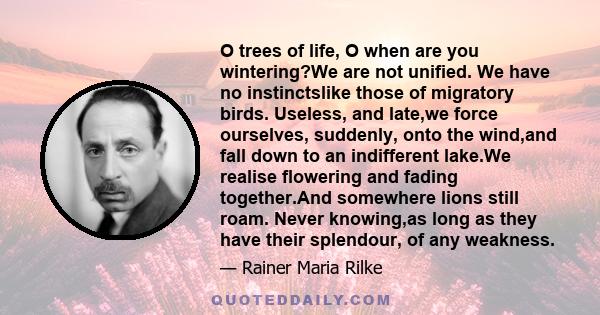 O trees of life, O when are you wintering?We are not unified. We have no instinctslike those of migratory birds. Useless, and late,we force ourselves, suddenly, onto the wind,and fall down to an indifferent lake.We