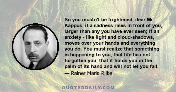 So you mustn't be frightened, dear Mr. Kappus, if a sadness rises in front of you, larger than any you have ever seen; if an anxiety - like light and cloud-shadows, moves over your hands and everything you do. You must