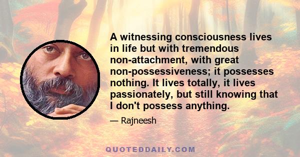 A witnessing consciousness lives in life but with tremendous non-attachment, with great non-possessiveness; it possesses nothing. It lives totally, it lives passionately, but still knowing that I don't possess anything.