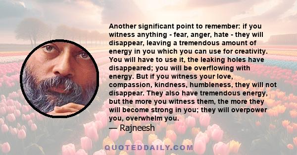 Another significant point to remember: if you witness anything - fear, anger, hate - they will disappear, leaving a tremendous amount of energy in you which you can use for creativity. You will have to use it, the