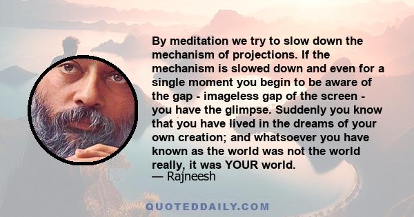 By meditation we try to slow down the mechanism of projections. If the mechanism is slowed down and even for a single moment you begin to be aware of the gap - imageless gap of the screen - you have the glimpse.