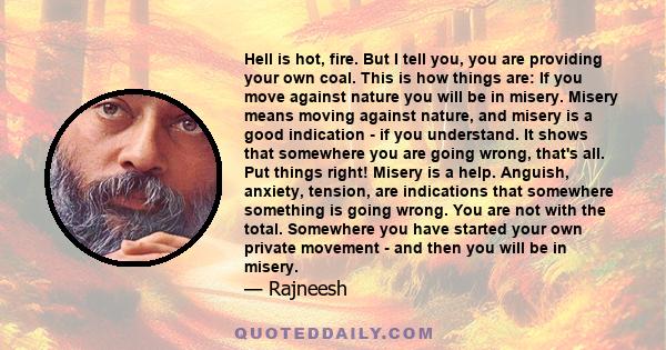 Hell is hot, fire. But I tell you, you are providing your own coal. This is how things are: If you move against nature you will be in misery. Misery means moving against nature, and misery is a good indication - if you