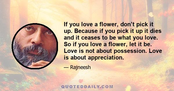 If you love a flower, don’t pick it up. Because if you pick it up it dies and it ceases to be what you love. So if you love a flower, let it be. Love is not about possession. Love is about appreciation.