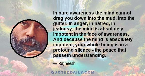 In pure awareness the mind cannot drag you down into the mud, into the gutter. In anger, in hatred, in jealousy, the mind is absolutely impotent in the face of awareness. And because the mind is absolutely impotent,