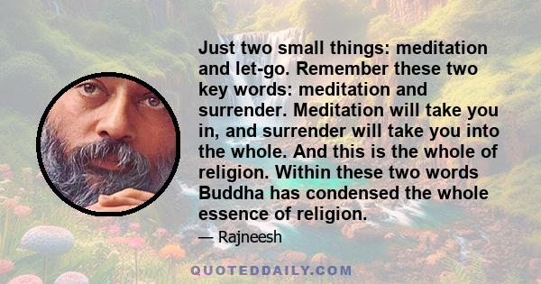 Just two small things: meditation and let-go. Remember these two key words: meditation and surrender. Meditation will take you in, and surrender will take you into the whole. And this is the whole of religion. Within