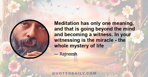 Meditation has only one meaning, and that is going beyond the mind and becoming a witness. In your witnessing is the miracle - the whole mystery of life