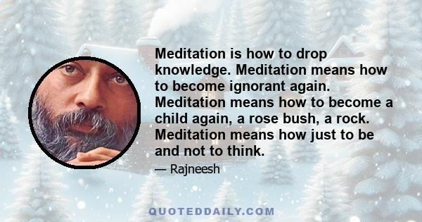 Meditation is how to drop knowledge. Meditation means how to become ignorant again. Meditation means how to become a child again, a rose bush, a rock. Meditation means how just to be and not to think.