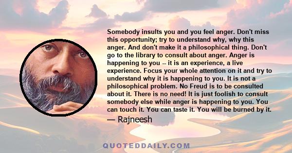 Somebody insults you and you feel anger. Don't miss this opportunity; try to understand why, why this anger. And don't make it a philosophical thing. Don't go to the library to consult about anger. Anger is happening to 