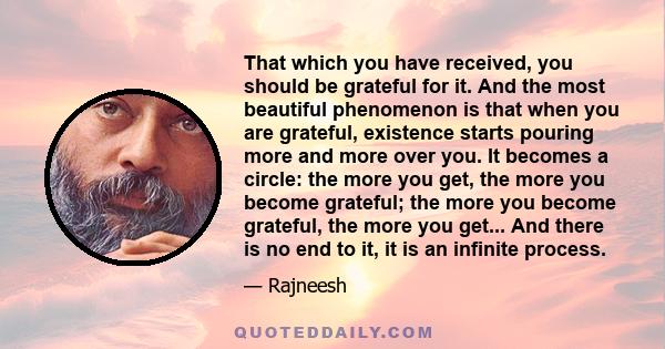 That which you have received, you should be grateful for it. And the most beautiful phenomenon is that when you are grateful, existence starts pouring more and more over you. It becomes a circle: the more you get, the