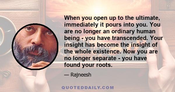 When you open up to the ultimate, immediately it pours into you. You are no longer an ordinary human being - you have transcended. Your insight has become the insight of the whole existence. Now you are no longer