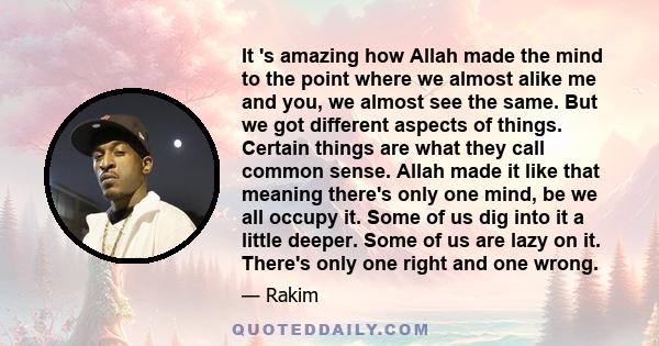 It 's amazing how Allah made the mind to the point where we almost alike me and you, we almost see the same. But we got different aspects of things. Certain things are what they call common sense. Allah made it like