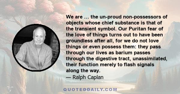 We are … the un-proud non-possessors of objects whose chief substance is that of the transient symbol. Our Puritan fear of the love of things turns out to have been groundless after all, for we do not love things or