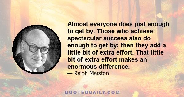 Almost everyone does just enough to get by. Those who achieve spectacular success also do enough to get by; then they add a little bit of extra effort. That little bit of extra effort makes an enormous difference.