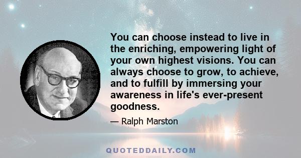 You can choose instead to live in the enriching, empowering light of your own highest visions. You can always choose to grow, to achieve, and to fulfill by immersing your awareness in life's ever-present goodness.