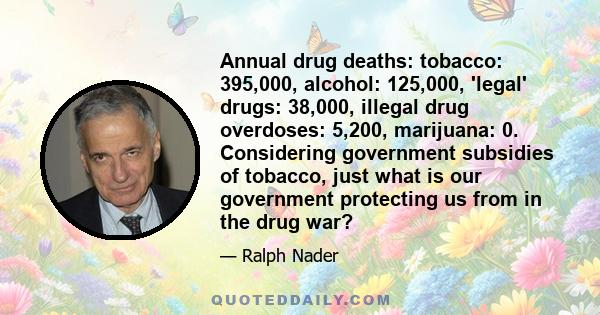 Annual drug deaths: tobacco: 395,000, alcohol: 125,000, 'legal' drugs: 38,000, illegal drug overdoses: 5,200, marijuana: 0. Considering government subsidies of tobacco, just what is our government protecting us from in