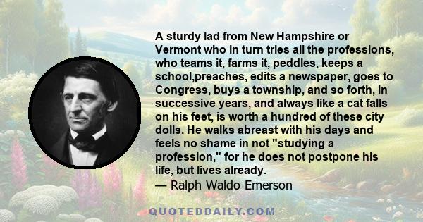 A sturdy lad from New Hampshire or Vermont who in turn tries all the professions, who teams it, farms it, peddles, keeps a school,preaches, edits a newspaper, goes to Congress, buys a township, and so forth, in