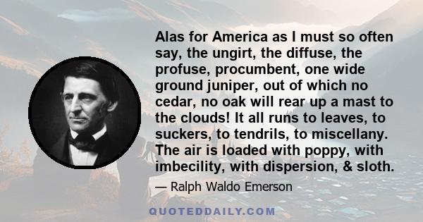 Alas for America as I must so often say, the ungirt, the diffuse, the profuse, procumbent, one wide ground juniper, out of which no cedar, no oak will rear up a mast to the clouds! It all runs to leaves, to suckers, to