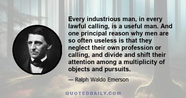 Every industrious man, in every lawful calling, is a useful man. And one principal reason why men are so often useless is that they neglect their own profession or calling, and divide and shift their attention among a