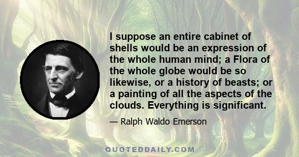 I suppose an entire cabinet of shells would be an expression of the whole human mind; a Flora of the whole globe would be so likewise, or a history of beasts; or a painting of all the aspects of the clouds. Everything