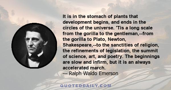 It is in the stomach of plants that development begins, and ends in the circles of the universe. 'Tis a long scale from the gorilla to the gentleman,--from the gorilla to Plato, Newton, Shakespeare,--to the sanctities