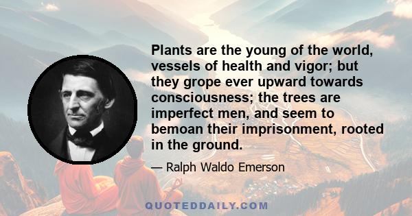 Plants are the young of the world, vessels of health and vigor; but they grope ever upward towards consciousness; the trees are imperfect men, and seem to bemoan their imprisonment, rooted in the ground.