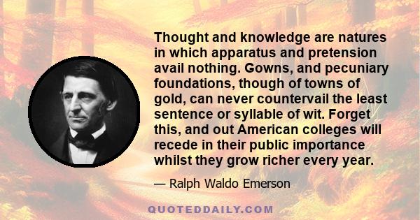 Thought and knowledge are natures in which apparatus and pretension avail nothing. Gowns, and pecuniary foundations, though of towns of gold, can never countervail the least sentence or syllable of wit. Forget this, and 