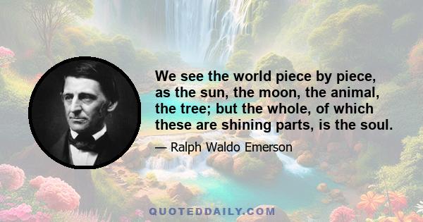 We see the world piece by piece, as the sun, the moon, the animal, the tree; but the whole, of which these are shining parts, is the soul.