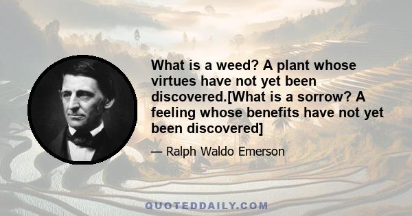 What is a weed? A plant whose virtues have not yet been discovered.[What is a sorrow? A feeling whose benefits have not yet been discovered]