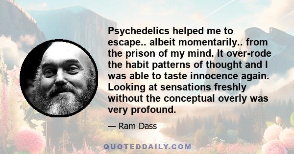 Psychedelics helped me to escape.. albeit momentarily.. from the prison of my mind. It over-rode the habit patterns of thought and I was able to taste innocence again. Looking at sensations freshly without the