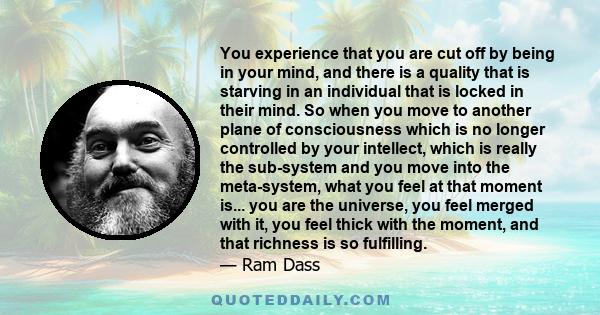 You experience that you are cut off by being in your mind, and there is a quality that is starving in an individual that is locked in their mind. So when you move to another plane of consciousness which is no longer