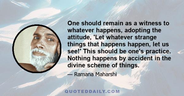 One should remain as a witness to whatever happens, adopting the attitude, 'Let whatever strange things that happens happen, let us see!' This should be one's practice. Nothing happens by accident in the divine scheme